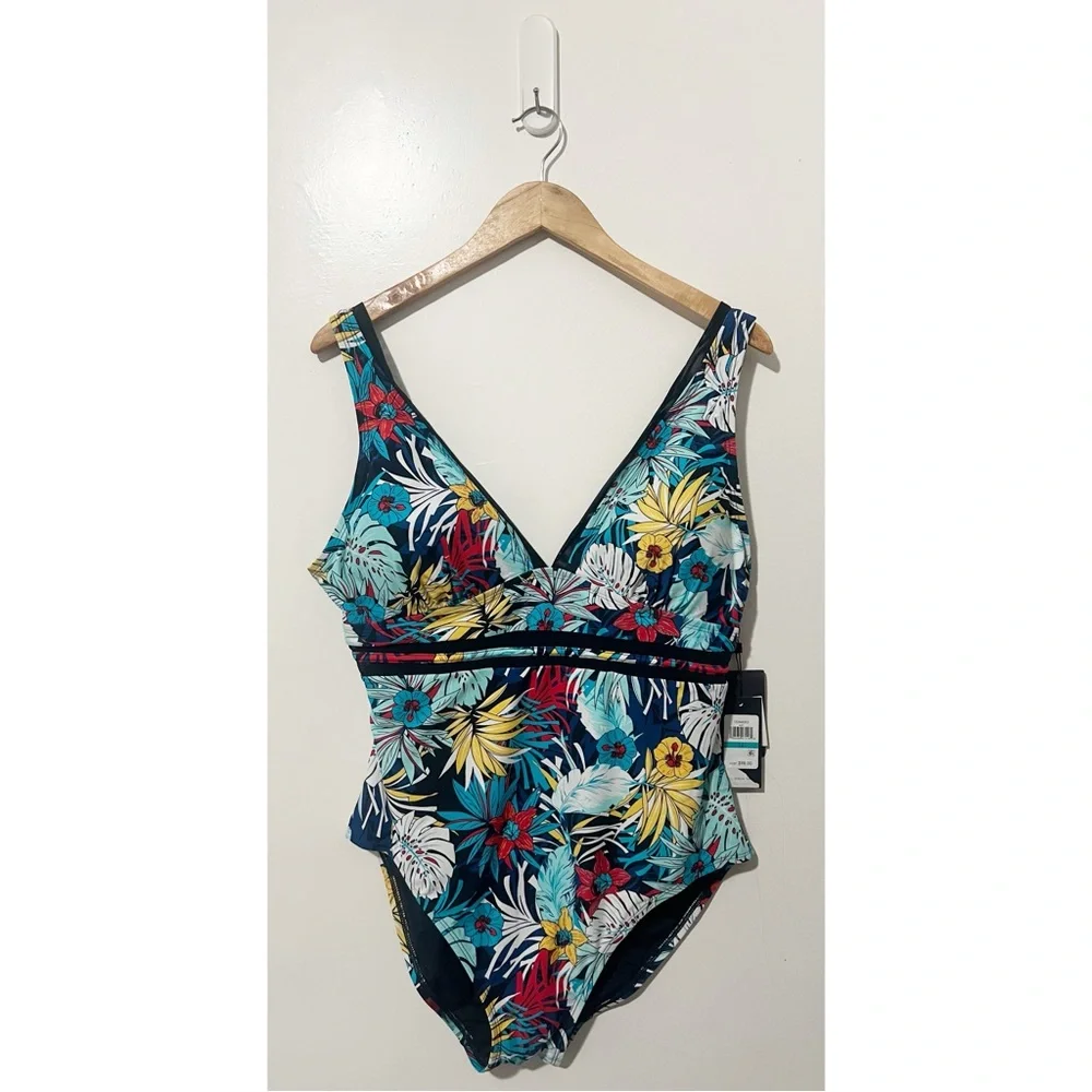 Tommy Hilfiger Womens Tropical Floral V-Neck One Piece Swimsuit Mesh Size 16 - Picture 3 of 5